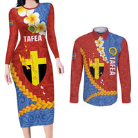 Tafea Province Couples Matching Long Sleeve Bodycon Dress and Long Sleeve Button Shirt Vanuatu Pattern Map - Plumeria Flag Color