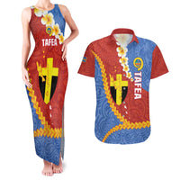 Tafea Province Couples Matching Tank Maxi Dress and Hawaiian Shirt Vanuatu Pattern Map - Plumeria Flag Color
