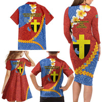 Tafea Province Family Matching Long Sleeve Bodycon Dress and Hawaiian Shirt Vanuatu Pattern Map - Plumeria Flag Color