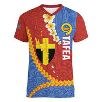 Tafea Province Women V-Neck T-Shirt Vanuatu Pattern Map - Plumeria Flag Color