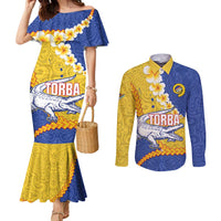 Torba Province Couples Matching Mermaid Dress and Long Sleeve Button Shirt Vanuatu Pattern Crocodile - Plumeria Flag Color