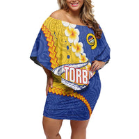 Torba Province Family Matching Off Shoulder Short Dress and Hawaiian Shirt Vanuatu Pattern Crocodile - Plumeria Flag Color LT14 Mom's Dress Yellow - Polynesian Pride
