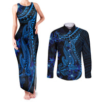 Blue Polynesia Shark Tattoo Couples Matching Tank Maxi Dress and Long Sleeve Button Shirt With Polynesian Plumeria LT14 Blue - Polynesian Pride