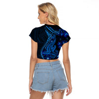 Blue Polynesia Shark Tattoo Raglan Cropped T Shirt With Polynesian Plumeria LT14 - Polynesian Pride