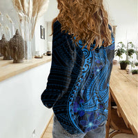 Blue Polynesia Shark Tattoo Women Casual Shirt With Polynesian Plumeria LT14 - Polynesian Pride