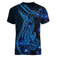 Blue Polynesia Shark Tattoo Women V Neck T Shirt With Polynesian Plumeria LT14 - Polynesian Pride