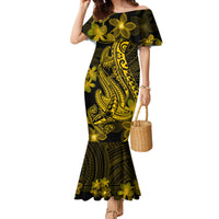 Gold Polynesia Shark Tattoo Family Matching Mermaid Dress and Hawaiian Shirt With Polynesian Plumeria LT14 Mom's Dress Gold - Polynesian Pride