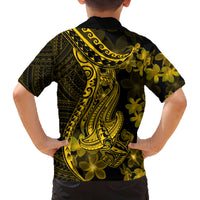 Gold Polynesia Shark Tattoo Family Matching Off Shoulder Long Sleeve Dress and Hawaiian Shirt With Polynesian Plumeria LT14 - Polynesian Pride