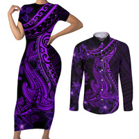Purple Polynesia Shark Tattoo Couples Matching Short Sleeve Bodycon Dress and Long Sleeve Button Shirt With Polynesian Plumeria LT14 Purple - Polynesian Pride