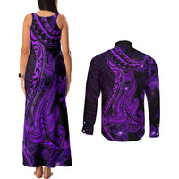 Purple Polynesia Shark Tattoo Couples Matching Tank Maxi Dress and Long Sleeve Button Shirt With Polynesian Plumeria LT14 - Polynesian Pride