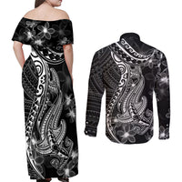 Black Polynesia Couples Matching Off Shoulder Maxi Dress and Long Sleeve Button Shirt Shark Tattoo With Polynesian Plumeria LT14 - Polynesian Pride
