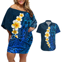 Blue Polynesia Couples Matching Off Shoulder Short Dress and Hawaiian Shirt Plumeria Tropical Leaves With Galaxy Polynesian Art LT14 Blue - Polynesian Pride