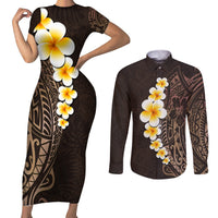 Brown Polynesia Couples Matching Short Sleeve Bodycon Dress and Long Sleeve Button Shirt Plumeria Tropical Leaves With Galaxy Polynesian Art LT14 Brown - Polynesian Pride