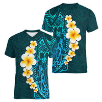 Turquosie Polynesia Women V Neck T Shirt Plumeria Tropical Leaves With Galaxy Polynesian Art LT14 - Polynesian Pride
