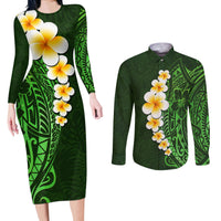 Green Polynesia Couples Matching Long Sleeve Bodycon Dress and Long Sleeve Button Shirt Plumeria Tropical Leaves With Galaxy Polynesian Art LT14 Green - Polynesian Pride