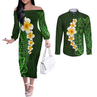 Green Polynesia Couples Matching Off The Shoulder Long Sleeve Dress and Long Sleeve Button Shirt Plumeria Tropical Leaves With Galaxy Polynesian Art LT14 Green - Polynesian Pride