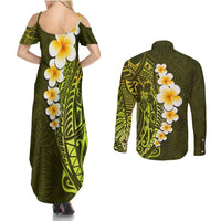 Lime Green Tropical Plumeria With Galaxy Polynesian Art Couples Matching Summer Maxi Dress and Long Sleeve Button Shirt LT14 - Polynesian Pride