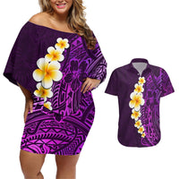Purple Tropical Plumeria With Galaxy Polynesian Art Couples Matching Off Shoulder Short Dress and Hawaiian Shirt LT14 Purple - Polynesian Pride