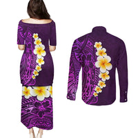 Purple Tropical Plumeria With Galaxy Polynesian Art Couples Matching Puletasi Dress and Long Sleeve Button Shirt LT14 - Polynesian Pride