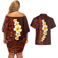 Red Tropical Plumeria With Galaxy Polynesian Art Couples Matching Off Shoulder Short Dress and Hawaiian Shirt LT14 - Polynesian Pride