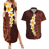 Red Tropical Plumeria With Galaxy Polynesian Art Couples Matching Summer Maxi Dress and Hawaiian Shirt LT14 Red - Polynesian Pride