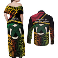 Vanuatu 1980 Couples Matching Off Shoulder Maxi Dress and Long Sleeve Button Shirt Hapi 46 Yia Indipendens Anivesari LT14 - Polynesian Pride