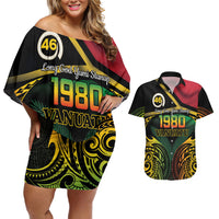 Vanuatu 1980 Couples Matching Off Shoulder Short Dress and Hawaiian Shirt Hapi 45 Yia Indipendens Anivesari