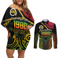 Vanuatu 1980 Couples Matching Off Shoulder Short Dress and Long Sleeve Button Shirt Hapi 46 Yia Indipendens Anivesari LT14 Black - Polynesian Pride