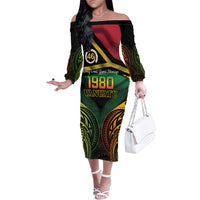 Vanuatu 1980 Family Matching Off The Shoulder Long Sleeve Dress and Hawaiian Shirt Hapi 45 Yia Indipendens Anivesari LT14 Mom's Dress Black - Polynesian Pride