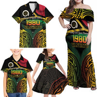 Vanuatu 1980 Family Matching Off Shoulder Maxi Dress and Hawaiian Shirt Hapi 45 Yia Indipendens Anivesari LT14 - Polynesian Pride