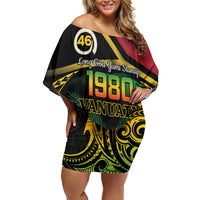 Vanuatu 1980 Family Matching Off Shoulder Short Dress and Hawaiian Shirt Hapi 45 Yia Indipendens Anivesari LT14 Mom's Dress Black - Polynesian Pride