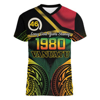 Vanuatu 1980 Women V-Neck T-Shirt Hapi 46 Yia Indipendens Anivesari LT14 Female Black - Polynesian Pride