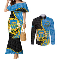 Tuvalu Independence Day Couples Matching Mermaid Dress and Long Sleeve Button Shirt Manuia te tutokotasi o Tuvaluan Dolphin Tattoo LT14 Blue - Polynesian Pride