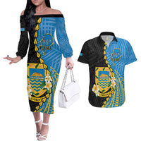 Tuvalu Independence Day Couples Matching Off The Shoulder Long Sleeve Dress and Hawaiian Shirt Manuia te tutokotasi o Tuvaluan Dolphin Tattoo LT14 Blue - Polynesian Pride