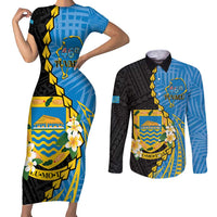 Tuvalu Independence Day Couples Matching Short Sleeve Bodycon Dress and Long Sleeve Button Shirt Manuia te tutokotasi o Tuvaluan Dolphin Tattoo LT14 Blue - Polynesian Pride