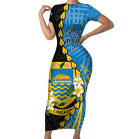 Tuvalu Independence Day Family Matching Short Sleeve Bodycon Dress and Hawaiian Shirt Manuia te tutokotasi o Tuvaluan Dolphin Tattoo LT14 Mom's Dress Blue - Polynesian Pride