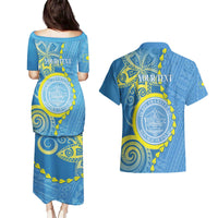 Personalised Palau Independence Day Couples Matching Puletasi and Hawaiian Shirt Belau Coat Of Arms Polynesian Curve Style LT14 - Polynesian Pride