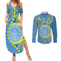 Personalised Palau Independence Day Couples Matching Summer Maxi Dress and Long Sleeve Button Shirt Belau Coat Of Arms Polynesian Curve Style LT14 Blue - Polynesian Pride