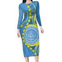 Personalised Palau Independence Day Family Matching Long Sleeve Bodycon Dress and Hawaiian Shirt Belau Coat Of Arms Polynesian Curve Style LT14 Mom's Dress Blue - Polynesian Pride