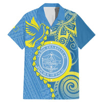 Personalised Palau Independence Day Family Matching Mermaid Dress and Hawaiian Shirt Belau Coat Of Arms Polynesian Curve Style LT14 Dad's Shirt - Short Sleeve Blue - Polynesian Pride