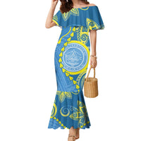 Personalised Palau Independence Day Family Matching Mermaid Dress and Hawaiian Shirt Belau Coat Of Arms Polynesian Curve Style LT14 Mom's Dress Blue - Polynesian Pride
