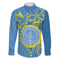 Personalised Palau Independence Day Family Matching Off The Shoulder Long Sleeve Dress and Hawaiian Shirt Belau Coat Of Arms Polynesian Curve Style LT14 Dad's Shirt - Long Sleeve Blue - Polynesian Pride