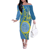 Personalised Palau Independence Day Family Matching Off The Shoulder Long Sleeve Dress and Hawaiian Shirt Belau Coat Of Arms Polynesian Curve Style LT14 Mom's Dress Blue - Polynesian Pride