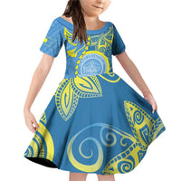Personalised Palau Independence Day Family Matching Off Shoulder Short Dress and Hawaiian Shirt Belau Coat Of Arms Polynesian Curve Style LT14 Daughter's Dress Blue - Polynesian Pride