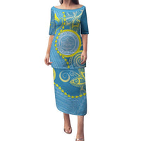 Personalised Palau Independence Day Family Matching Puletasi and Hawaiian Shirt Belau Coat Of Arms Polynesian Curve Style LT14 Mom's Dress Blue - Polynesian Pride