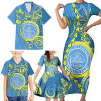 Personalised Palau Independence Day Family Matching Short Sleeve Bodycon Dress and Hawaiian Shirt Belau Coat Of Arms Polynesian Curve Style LT14 - Polynesian Pride