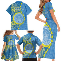 Personalised Palau Independence Day Family Matching Short Sleeve Bodycon Dress and Hawaiian Shirt Belau Coat Of Arms Polynesian Curve Style LT14 - Polynesian Pride