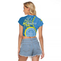 Personalised Palau Independence Day Raglan Cropped T Shirt Belau Coat Of Arms Polynesian Curve Style