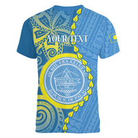Personalised Palau Independence Day Women V-Neck T-Shirt Belau Coat Of Arms Polynesian Curve Style LT14 - Polynesian Pride