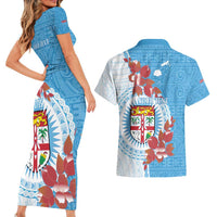 Personalised Fiji Day Couples Matching Short Sleeve Bodycon Dress and Hawaiian Shirt Fijian Tapa Pattern Mix Tagimoucia - Blue Version LT14 - Polynesian Pride